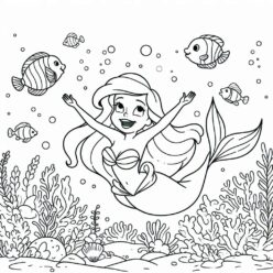 Ariel, the mermaid, swims with friends coloring page