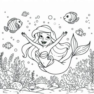 Ariel, the mermaid, swims with friends coloring page coloring page