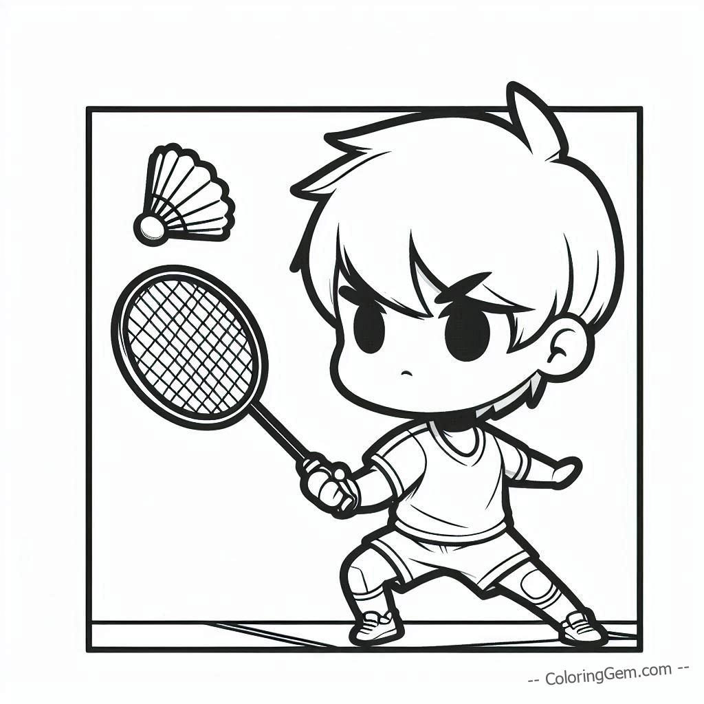 Badminton boy focused drop shot coloring page