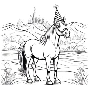 Birthday horse awaits party guests coloring page