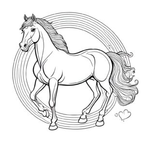 Black horse gazes at rainbow coloring page