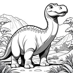 Wandering in prehistoric landscape, brontosaurus dinosaur coloring page