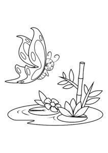 Butterfly lands on water lily, such tranquil beauty coloring page