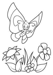 Butterfly soaring over blooming field coloring page