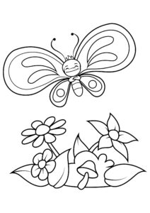 Butterfly soaring over blooming flowers coloring page