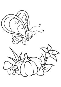 Butterfly soaring above orange pumpkin coloring page