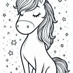 Calm unicorn among stars coloring page