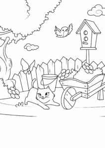 Cat, butterfly, bird in garden coloring page coloring page