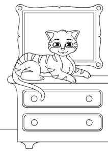 Cat gazes into mirror on vanity coloring page