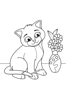 Cat mesmerized by flowers coloring page