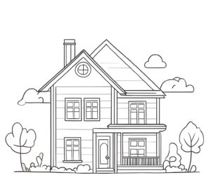 Charming two-story home with garden view coloring page