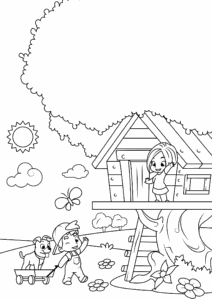 Children, puppy in a treehouse coloring page coloring page