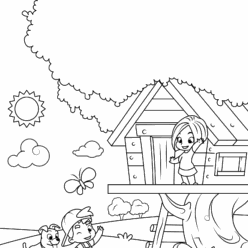 Children and puppy playtime in a treehouse