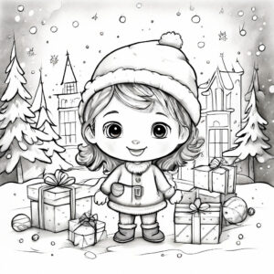 Christmas magic: girl & snowy wonderland coloring page