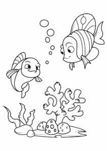 Clownfish chat in vibrant coral reef coloring page