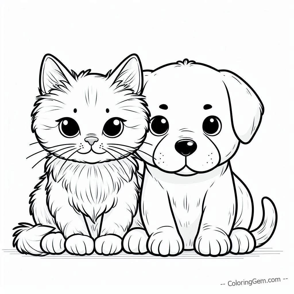 Cute kitten and puppy adorable pair coloring page