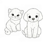 Cute kitten and puppy coloring page