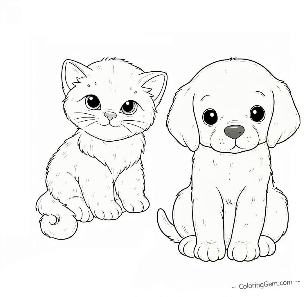 Cute kitten and puppy coloring page