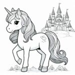 Cute unicorn castle on the hill coloring page