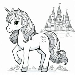 Cute unicorn castle on the hill coloring page