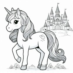Cute unicorn castle on the hill coloring page Cute unicorn castle on the hill coloring page