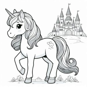 Cute unicorn castle on the hill coloring page coloring page