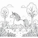 Cute unicorn in garden coloring page