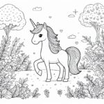 Cute unicorn in garden coloring page