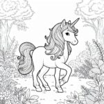 Cute unicorn in garden coloring page