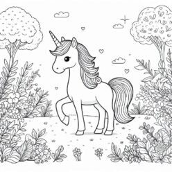 Cute unicorn in garden coloring page Cute unicorn in garden coloring page