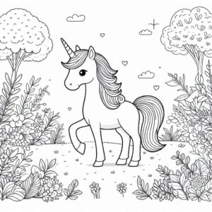 Cute unicorn in garden coloring page coloring page