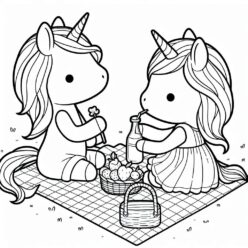 Unicorn picnic with friend coloring page Cute unicorn picnic coloring page
