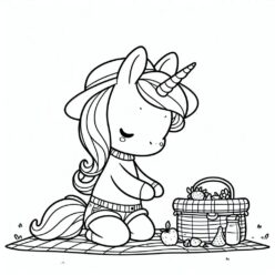 Food on mat, cute unicorn picnic coloring page Cute unicorn picnic coloring page
