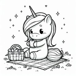 Cute unicorn picnic coloring page