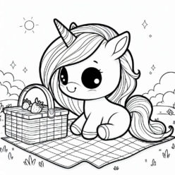 Cute unicorn picnic outdoor coloring page Cute unicorn picnic coloring page