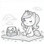 Cute unicorn picnic with fruit basket coloring page