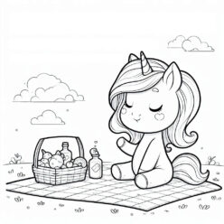 Cute unicorn picnic with fruit basket coloring page Cute unicorn picnic with fruit basket coloring page