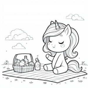 Cute unicorn picnic with fruit basket coloring page coloring page