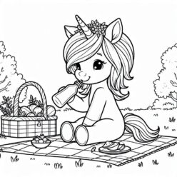 Cute unicorn picnic with juice coloring page