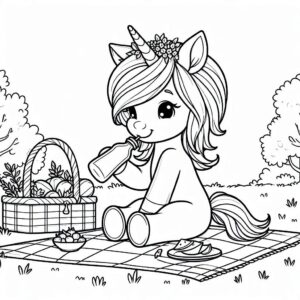 Cute unicorn picnic with juice coloring page coloring page