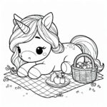 Cute unicorn on picnic mat coloring page
