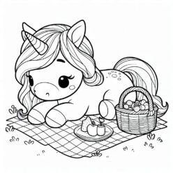 Cute unicorn on picnic mat coloring page