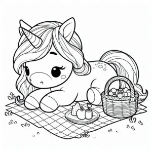 Cute unicorn on picnic mat coloring page coloring page