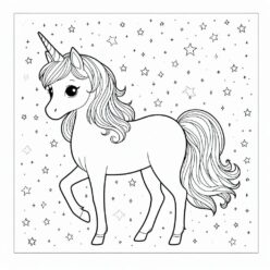 Cute unicorn stands among stars coloring page Cute unicorn picnic stars coloring page
