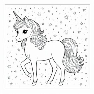 Cute unicorn stands among stars coloring page coloring page