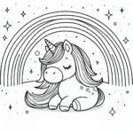 Cute unicorn sleeps under rainbow coloring page