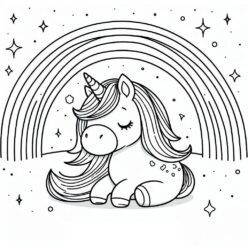 Cute unicorn sleeps under rainbow coloring page