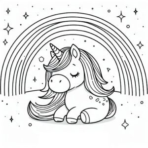 Cute unicorn sleeps under rainbow coloring page coloring page