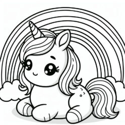 Cute unicorn relax over rainbow coloring page