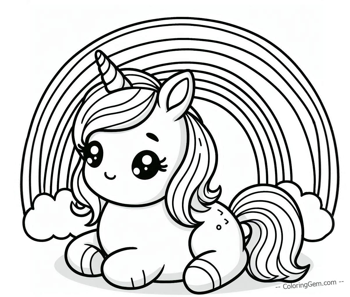 Cute unicorn relax over rainbow coloring page